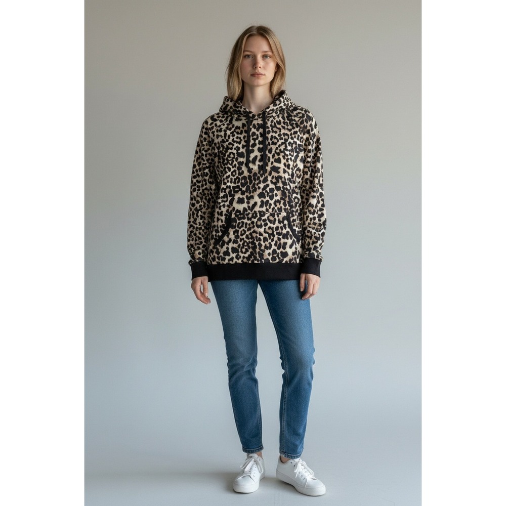 Lildy Womens Leopard Print Super Soft Hoodie Kangaroo Pocket Brown Black S-M